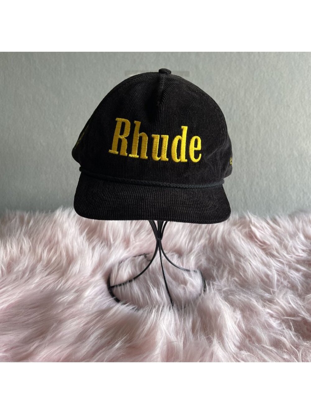 Rhude Black Corduroy Logo-Embroidered Adjustable Cap Yellow Lettering Lakers
